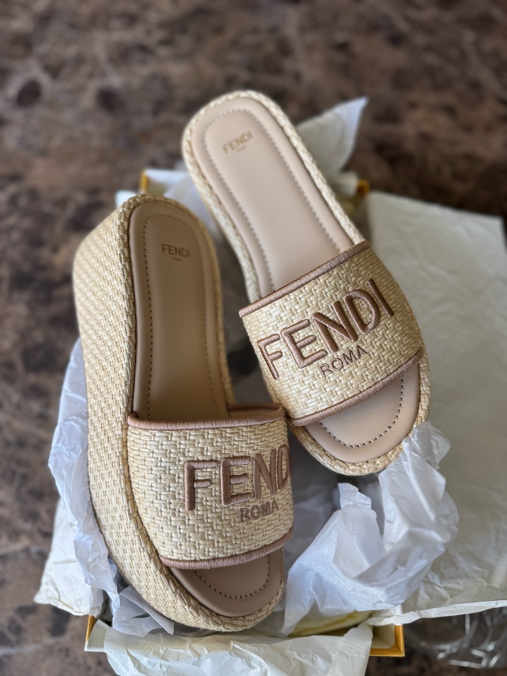 Fendi raffia sandals natural platform slides sandals sz 40